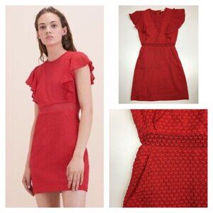 MAJE Red Roucoul Heart Embroidery Lace Flutter Sleeve Mini Dress